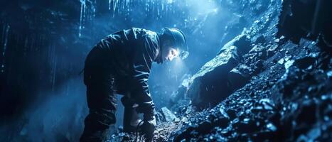 The photo shows a man exploring a dark cave. He is wearing a wetsuit and a headlamp. The cave is full of stalactites and stalagmites. The water is crystal clear.