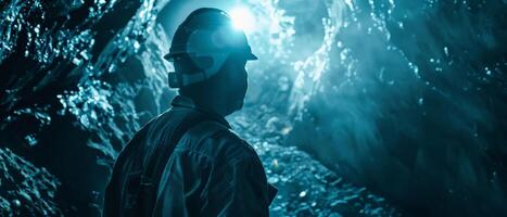 The photo shows a miner wearing a hard hat and headlamp, exploring a dark cave.