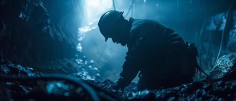The photo shows a silhouette of a man exploring a dark cave.