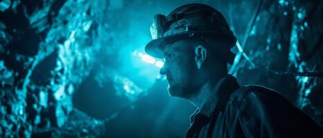 A miner wearing a hard hat and headlamp works in a dark mine. photo