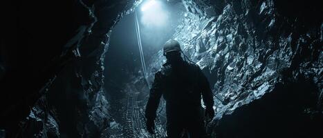 The dark cave is illuminated by a bright light. A lone figure in a protective suit walks through the cave, their footsteps echoing off the walls. photo