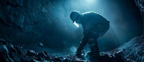 The photo shows a silhouette of a man working alone in a dark mine.