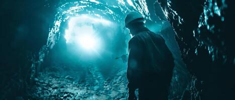 The dark cave is illuminated by a bright light coming from the opening. photo