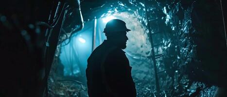 The silhouette of a miner in a hard hat and coveralls stands in a dark mine. photo