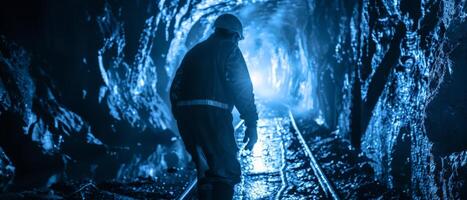The photo shows a dark cave with blue glowing crystals on the walls. A lone figure in a dark coat is walking through it.