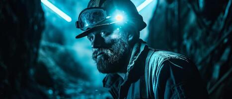 A miner wearing a hard hat and headlamp works in a dark mine. photo