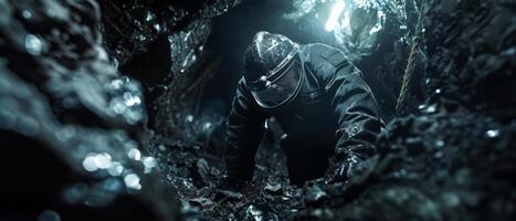 The image shows a person in a dark cave. photo