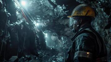 A miner wearing a hard hat and coveralls is working in a coal mine. photo