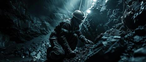 The photo shows a soldier in a dark cave. He is wearing a helmet and a gas mask. The soldier is holding a gun and is looking around cautiously.