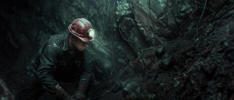 A miner working in a dark mine. photo