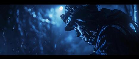 The dark figure of a man wearing a hat and coat stands alone in a rainy forest. photo