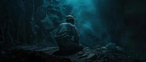 A soldier sits in a destroyed city. photo