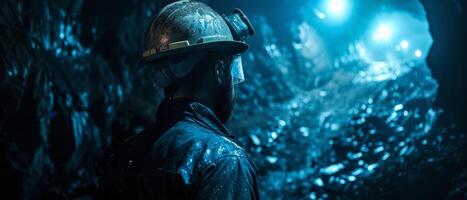 A miner wearing a hard hat and headlamp is working in a dark mine. photo