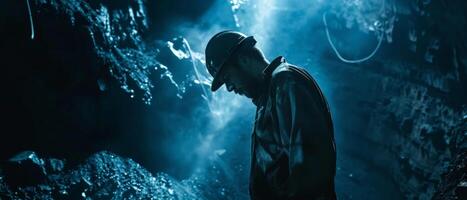 The brave miner explores the mysterious cave, searching for valuable minerals. photo