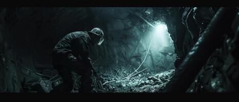 The photo shows a dark figure walking through a tunnel. The figure is wearing a helmet and carrying a gun. The tunnel is lit by a single light source at the end of the tunnel.