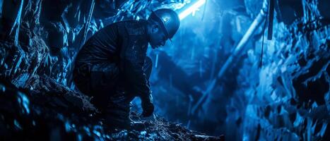 The photo shows a dark cave. A man with a flashlight is walking through the cave. The light from the flashlight is creating shadows on the walls of the cave.
