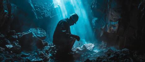 Man exploring an underwater cave photo
