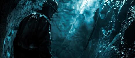 The dark figure of a man standing in a blue cave. photo