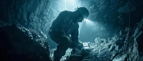 The photo shows a man in a dark cave