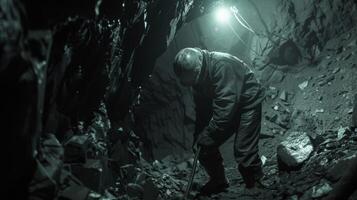 Miner working in a dark mine. photo