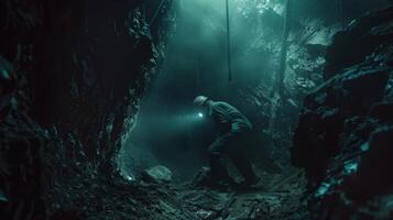The dark cave is illuminated by a bright light photo