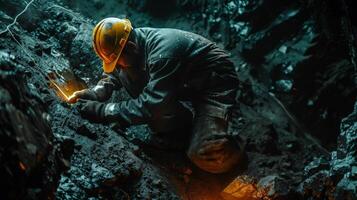 The image shows a miner working in a dark mine photo
