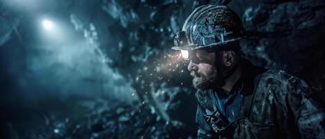 A brave miner wearing a hard hat and headlamp explores a mysterious cave, searching for valuable minerals. photo