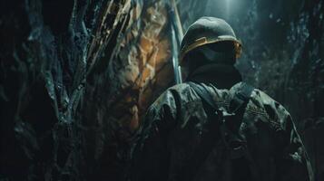 A miner wearing a hard hat and coveralls walks into a dark mine. photo
