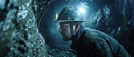A brave miner searching for precious gems in a dark mine. photo