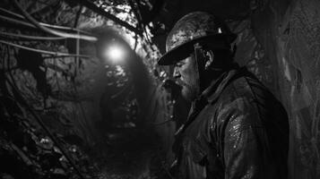 A black and white photo of a coal miner covered in sweat and dirt.