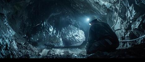 The image shows a dark cave with a large rock in the center. The rock is illuminated by a bright light. photo