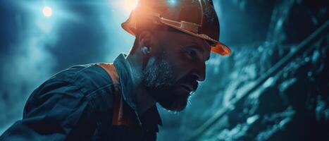 A miner working underground in a hard hat. photo