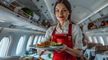 A beautiful flight attendant is serving food on a private jet. photo
