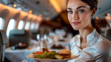 A beautiful flight attendant is serving food on a plane. photo