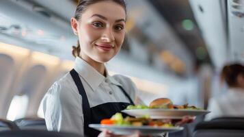 Friendly flight attendant serving food on board photo