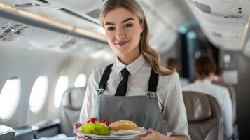 A beautiful flight attendant is serving food on a plane. photo