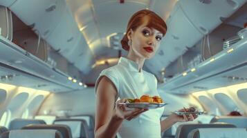 Retro flight attendant serving food on the airplane photo