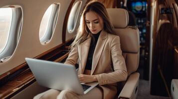 Young businesswoman working on laptop in private jet photo