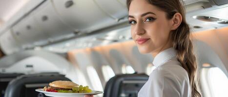 Young beautiful stewardess offering meal on the plane photo