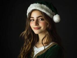 A young girl in a green christmas outfit photo