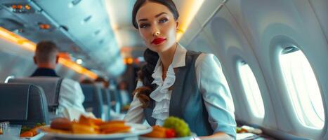 Beautiful flight attendant serving food on board commercial airplane photo