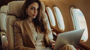 A beautiful young woman in a brown suit is sitting in a private jet and working on her laptop. photo