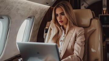 A beautiful young woman is sitting in a private jet and working on her laptop photo