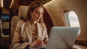 A beautiful young woman is sitting in a private jet and working on her laptop. She is wearing a beige suit and has her hair in a bun. The jet is flying high above the clouds. photo