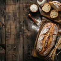Loaf of freshly baked bread on a wooden table. photo