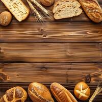 Various breads on wooden table photo