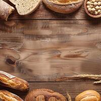 Various types of bread on a wooden table. photo