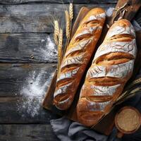 Loaf of freshly baked bread on a wooden table. photo