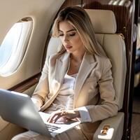 A beautiful young woman in a beige suit is sitting in a private jet and working on her laptop. photo