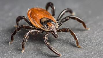 A close-up of a tick, a small arachnid parasite that feeds on the blood of mammals, birds, and reptiles. photo